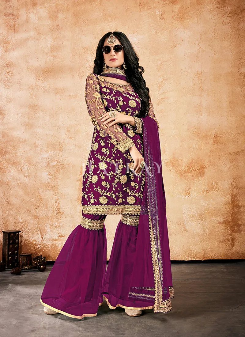 Purple Zari Embroidered Traditional Gharara Style Suit