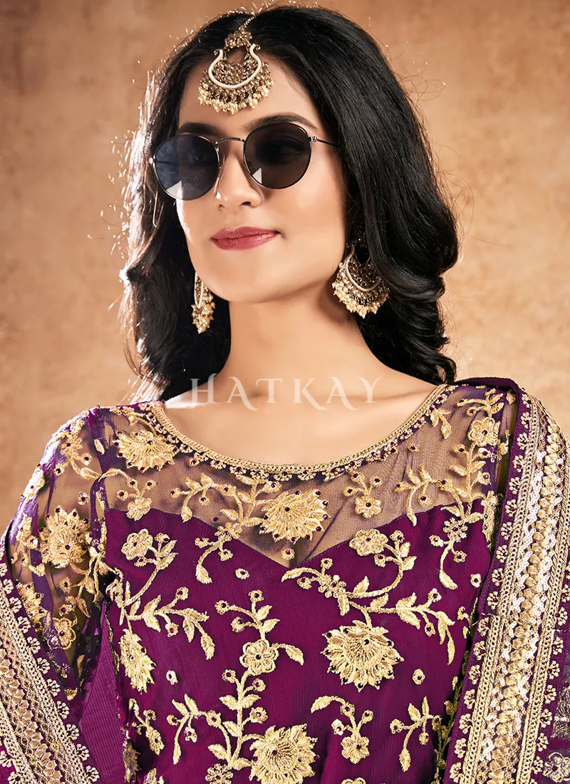 Purple Zari Embroidered Traditional Gharara Style Suit