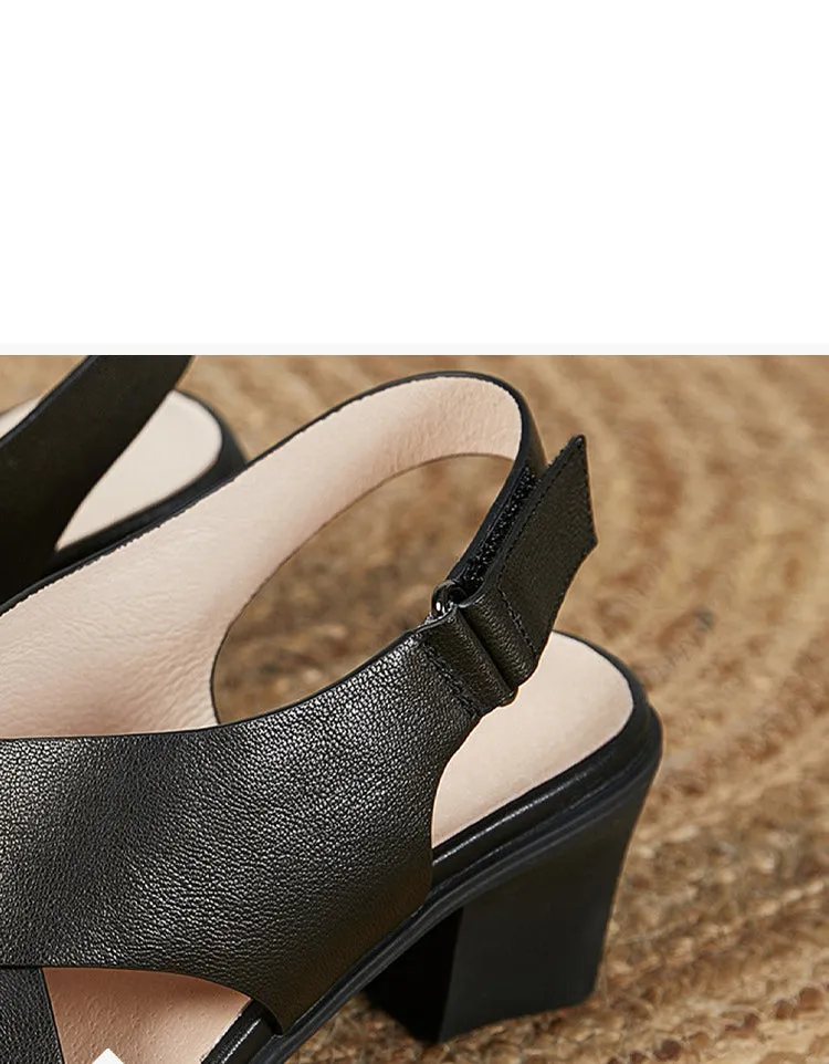Real Leather Cross Strap Elegant Chunky Heels Slingback