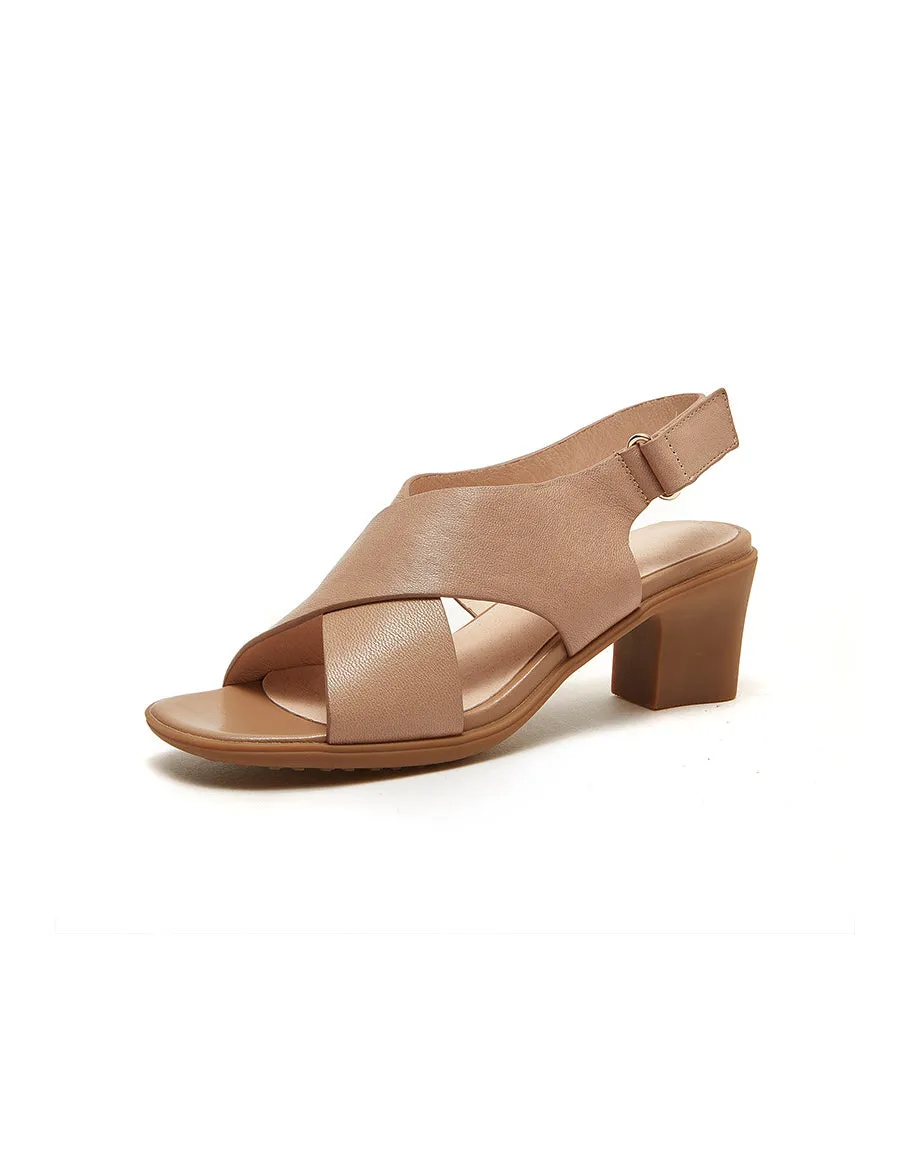 Real Leather Cross Strap Elegant Chunky Heels Slingback