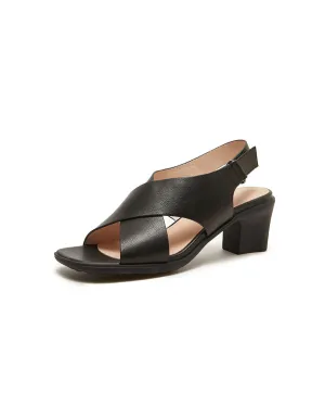 Real Leather Cross Strap Elegant Chunky Heels Slingback