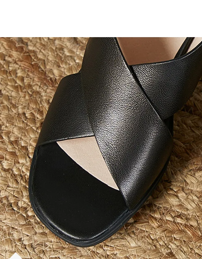 Real Leather Cross Strap Elegant Chunky Heels Slingback