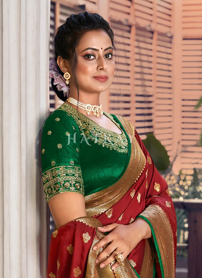 Red And Green Traditional Embroidered Silk Saree