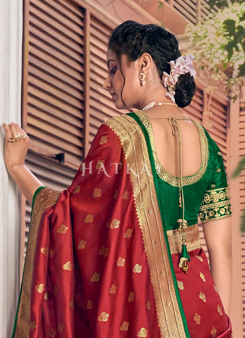 Red And Green Traditional Embroidered Silk Saree