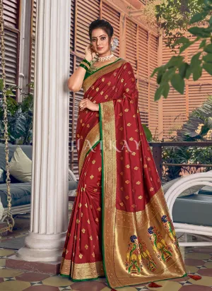 Red And Green Traditional Embroidered Silk Saree