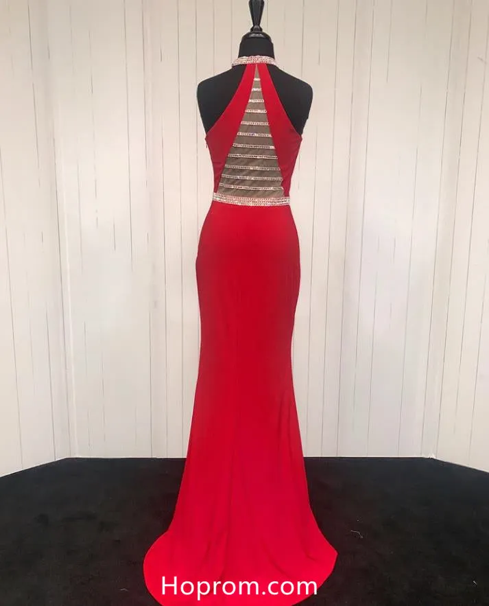 Red Halter Jersey Prom Dresses Beading Evening Formal Dresses