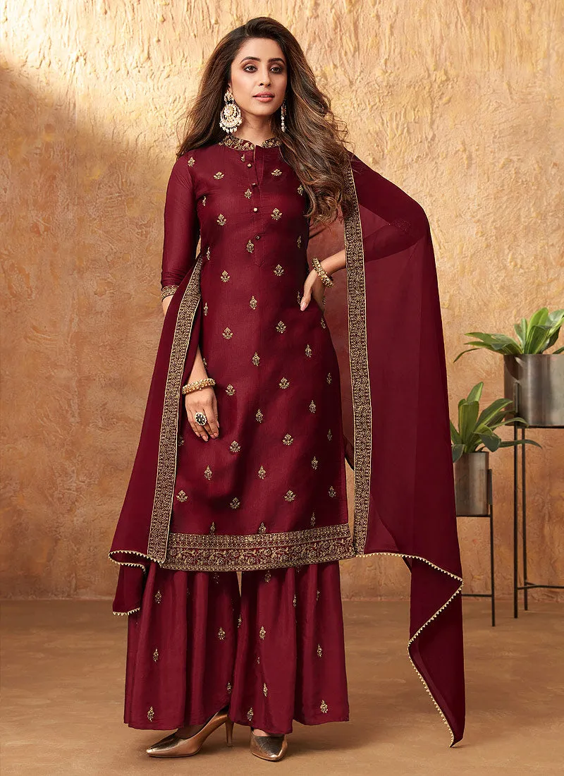 Red Resham Work Detailed Traditional Sharara Suit