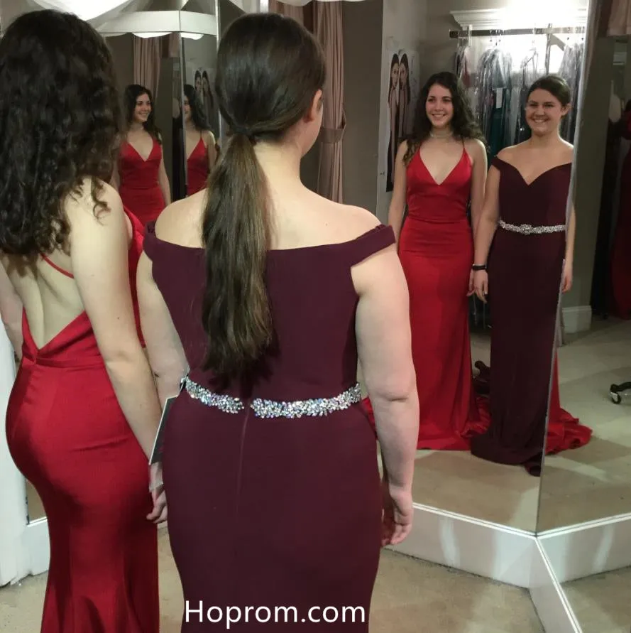 Red V Neckline Prom Dresses Backless Evening Dresses