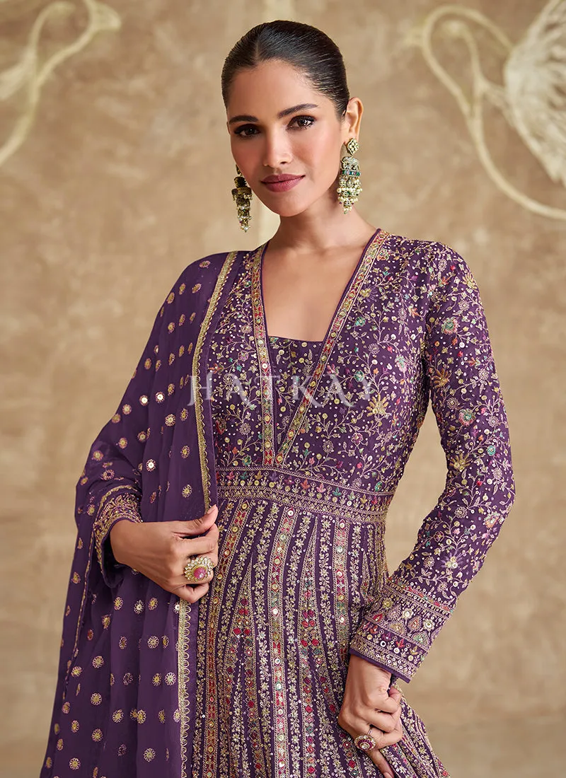 Rich Purple Embroidery Festive Anarkali Gown Dress