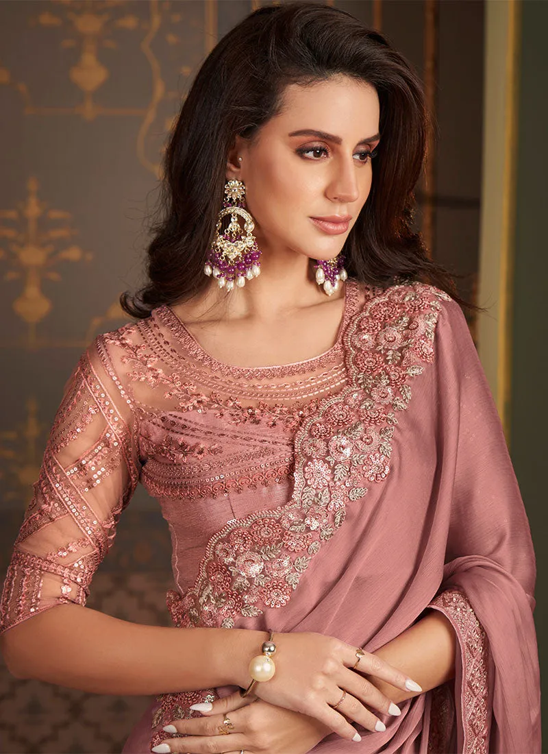 Rose Pink Sequence Embroidery Designer Silk Saree