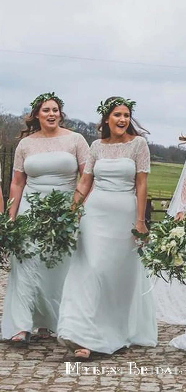 Round Neck Short Sleeve A Line Chiffon Long Bridesmaid Dresses With Lace, TYP0036
