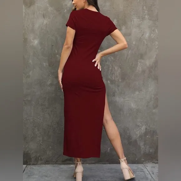 Ruby Red, Crew Neck, High Slit Bodycon Maxi Dress. NWOT, Never Worn.