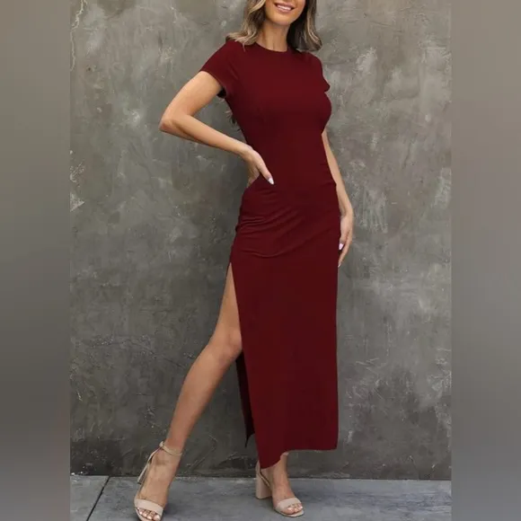 Ruby Red, Crew Neck, High Slit Bodycon Maxi Dress. NWOT, Never Worn.
