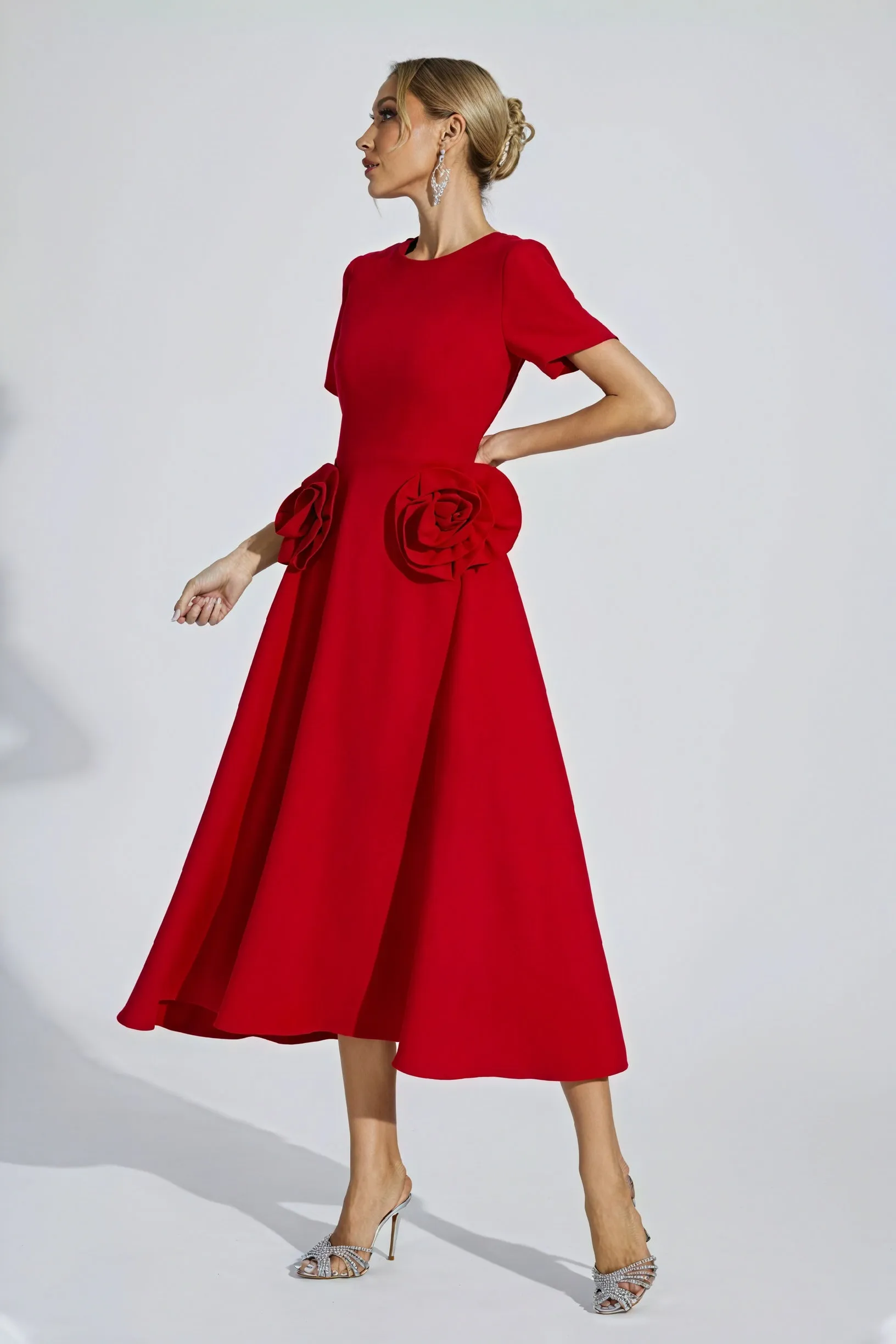 Sculpted Midi Dress with Rose Detail