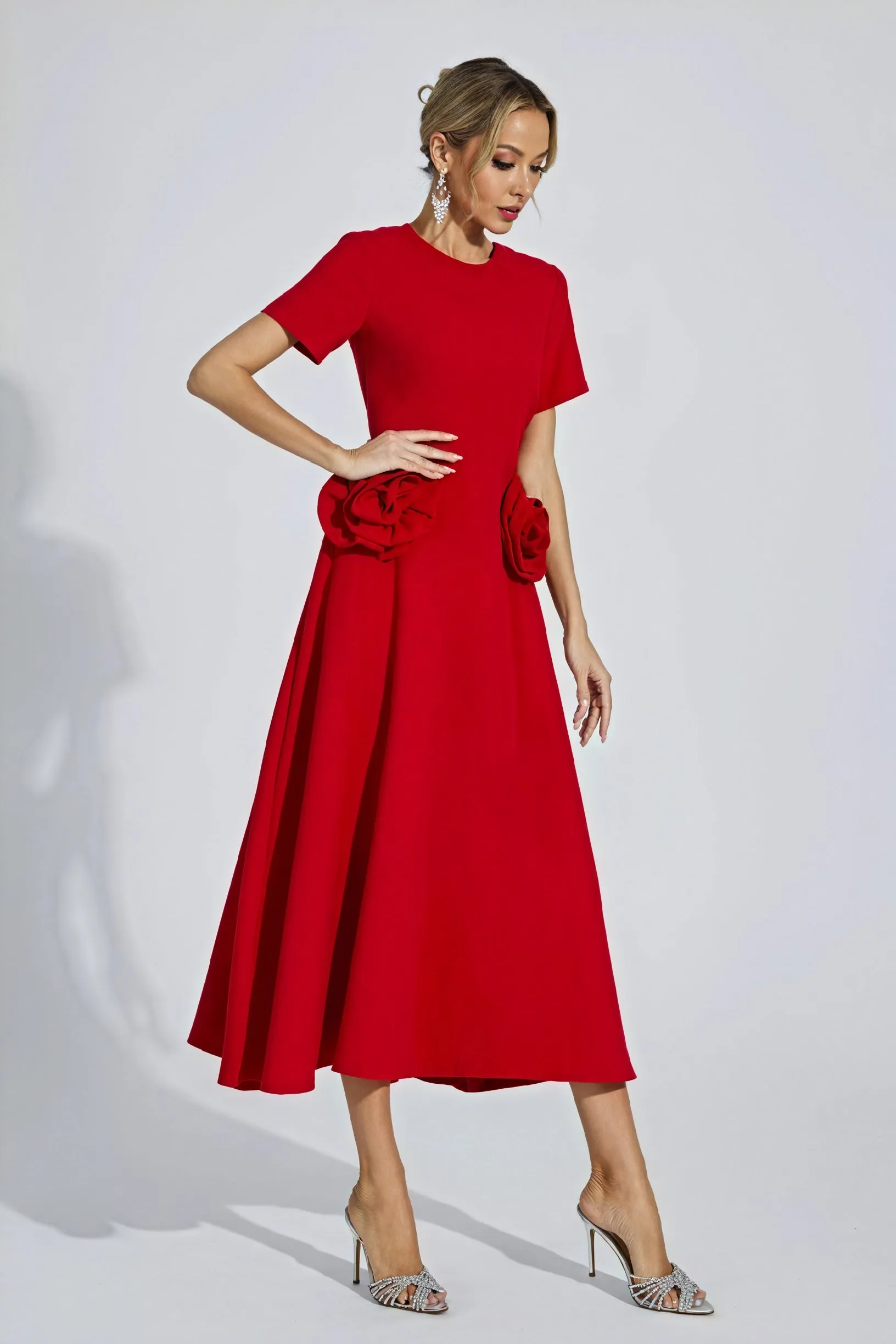 Sculpted Midi Dress with Rose Detail