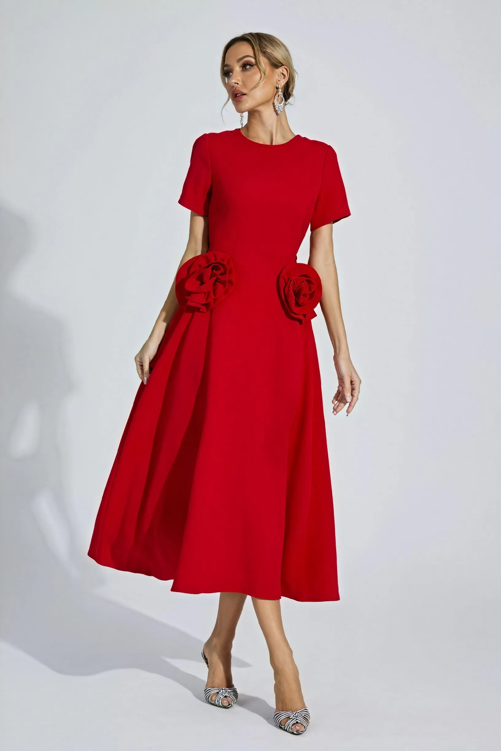 Sculpted Midi Dress with Rose Detail