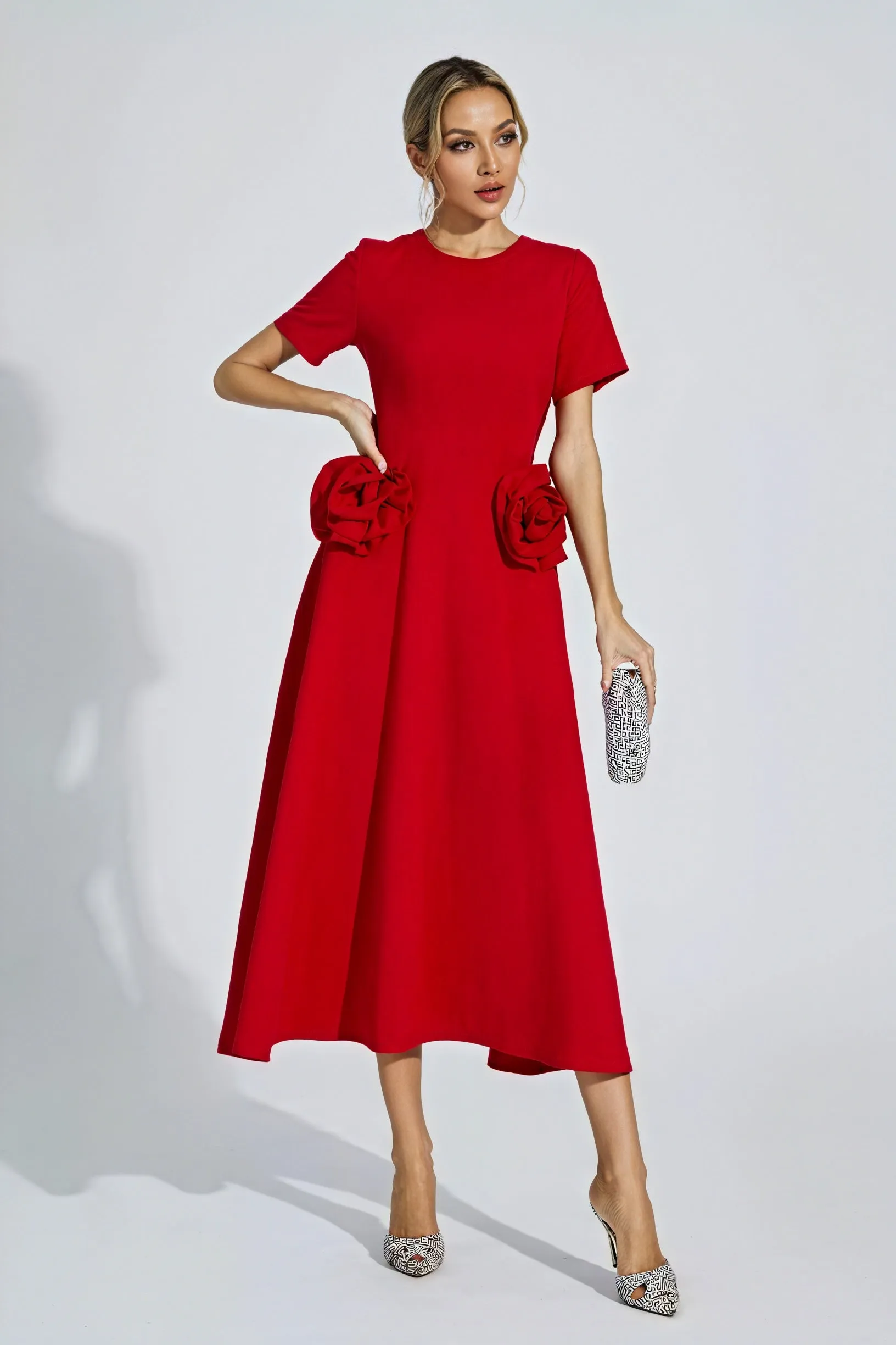 Sculpted Midi Dress with Rose Detail