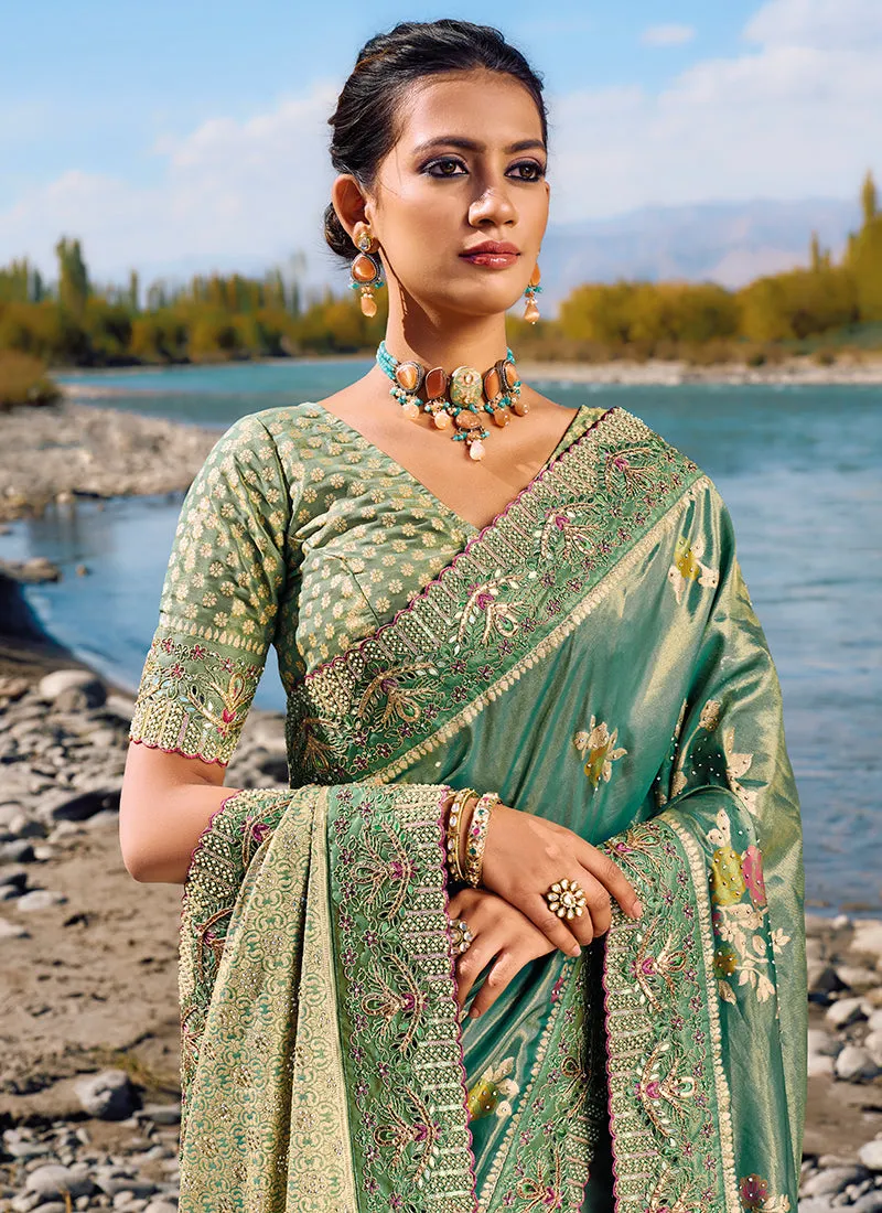 Sea Green Embroidery Banarasi Silk Saree