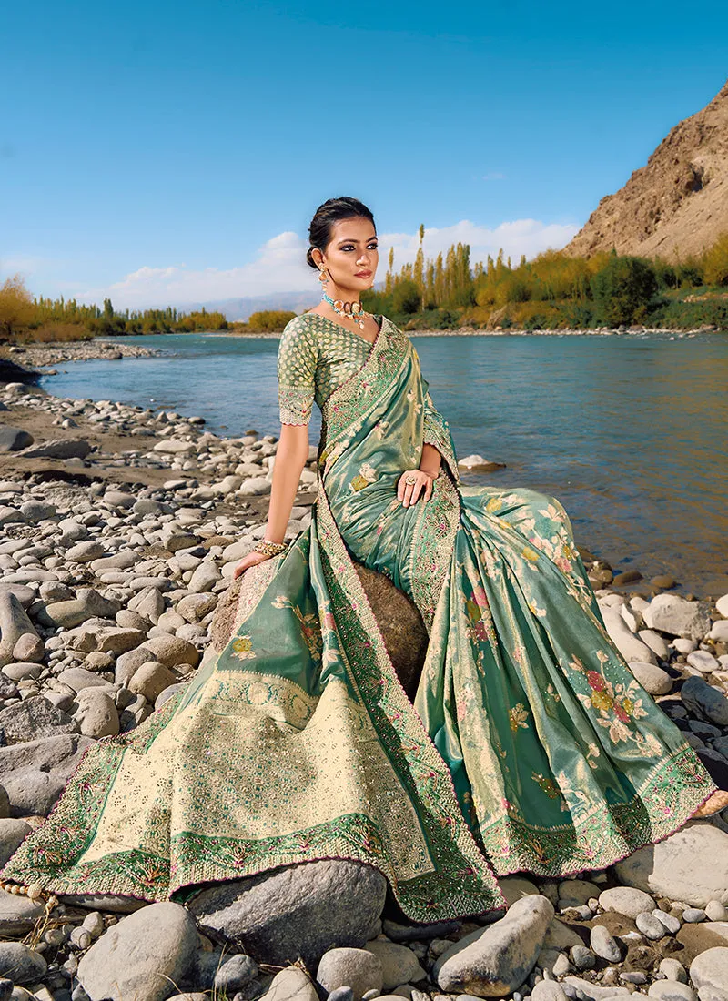 Sea Green Embroidery Banarasi Silk Saree