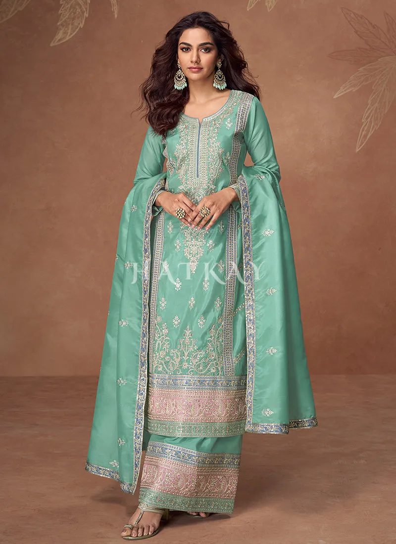 Sea Green Multi Embroidered Palazzo Suit