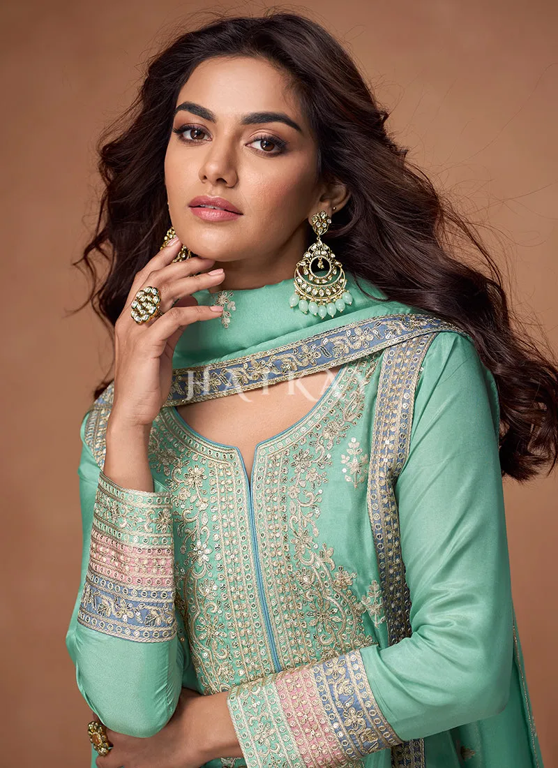 Sea Green Multi Embroidered Palazzo Suit