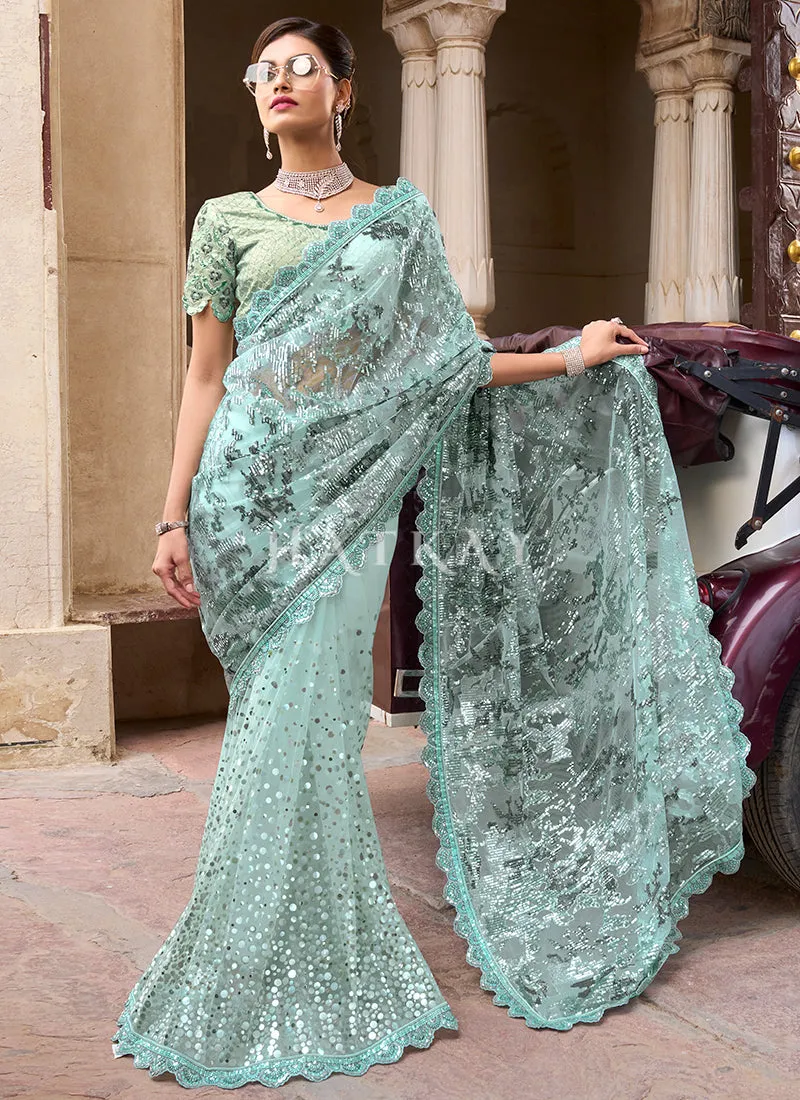 Sea Green Sequence And Appliqué Embroidery Designer Wedding Saree