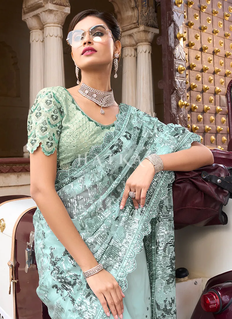 Sea Green Sequence And Appliqué Embroidery Designer Wedding Saree