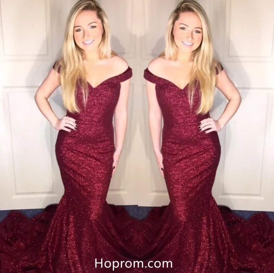 Sequine Off Shoulder Burgundy Red Prom Dresses Mermaid Evening Dresses
