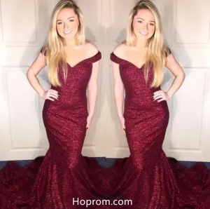 Sequine Off Shoulder Burgundy Red Prom Dresses Mermaid Evening Dresses