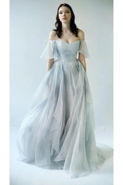 Sexy A Line Off-the-shoulder Floor-length Short Sleeves Long Chiffon Prom Dress/Evening Dress OHC116