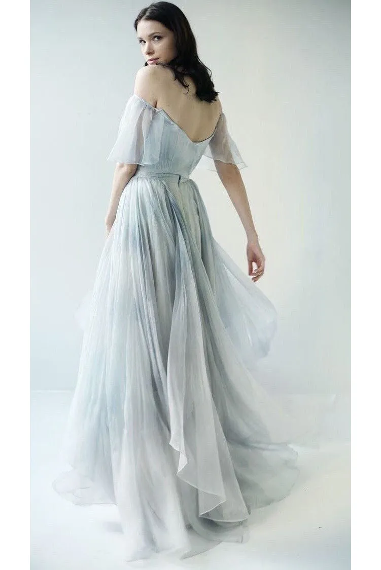 Sexy A Line Off-the-shoulder Floor-length Short Sleeves Long Chiffon Prom Dress/Evening Dress OHC116