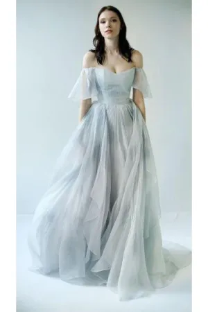 Sexy A Line Off-the-shoulder Floor-length Short Sleeves Long Chiffon Prom Dress/Evening Dress OHC116