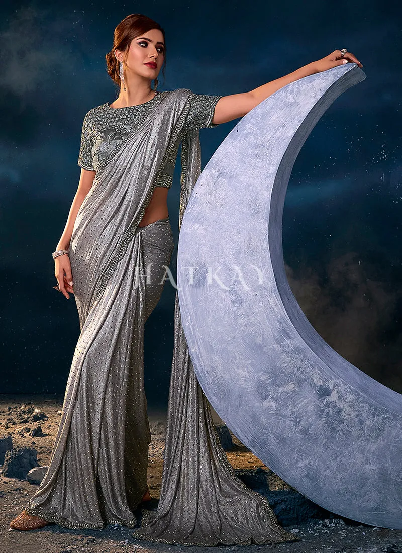 Silver Grey Sequence Embroidered Festive Saree
