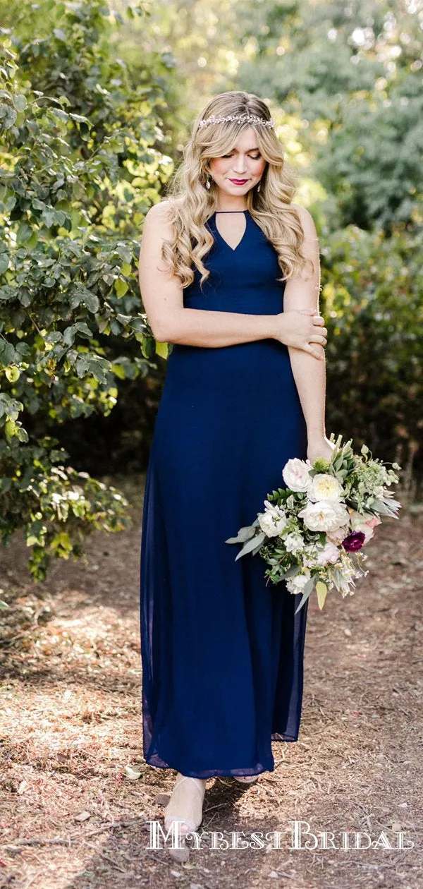 Simple Charming Navy Blue Hlater Sleeveless Chiffon Long Cheap Bridesmaid Dresses, TYP0073
