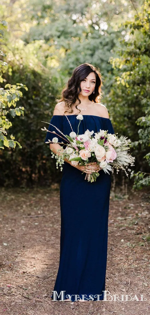 Simple Charming Navy Blue Off-Shoulder Sleeveless Chiffon Long Cheap Bridesmaid Dresses, TYP0072