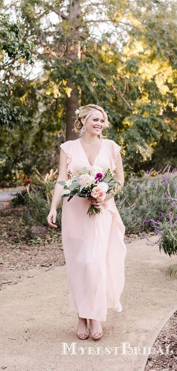 Simple Charming Pink V-neck Sleeveless Chiffon Long Cheap Bridesmaid Dresses, TYP0076
