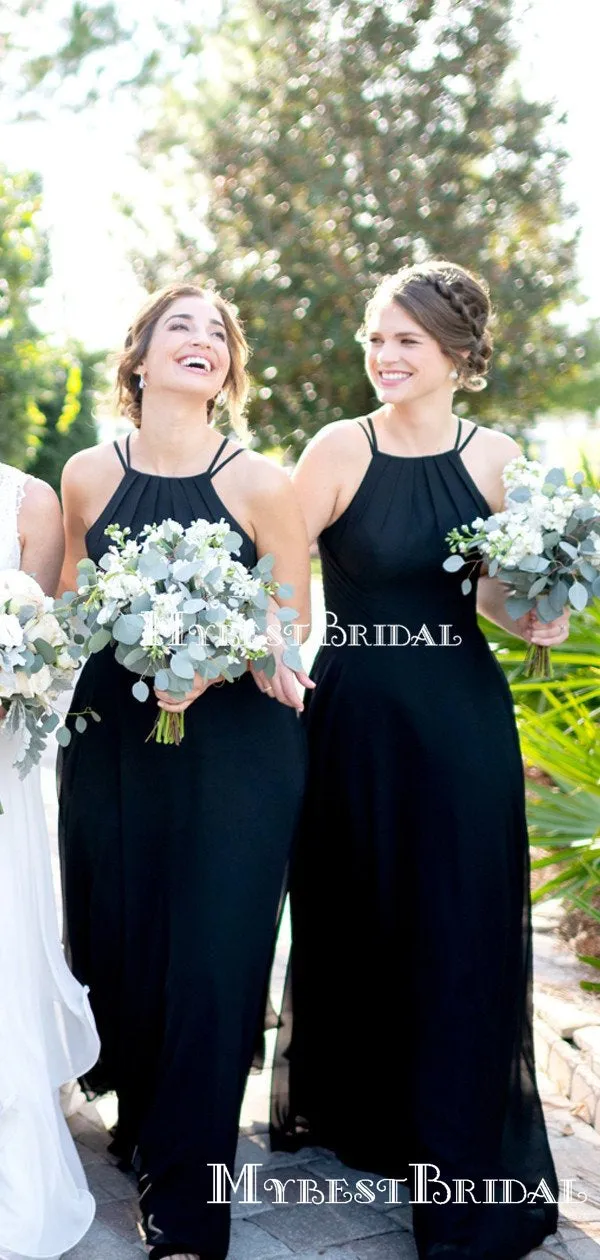 Simple Halter Strap Black Chiffon A-line Long Cheap Bridesmaid Dresses, BDS0084