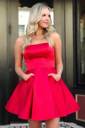 Simple Strapless Red Sleeveless Short Prom Homecoming Dress with Pockets OHC042