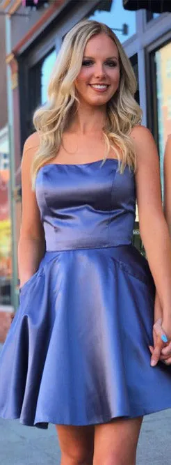 Simple Strapless Red Sleeveless Short Prom Homecoming Dress with Pockets OHC042