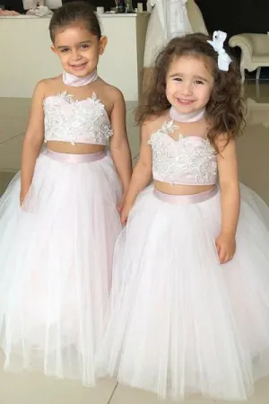 Simple Two Piece Ball Gown Halter Flower Girl Dresses with Appliques OHR005