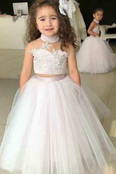 Simple Two Piece Ball Gown Halter Flower Girl Dresses with Appliques OHR005