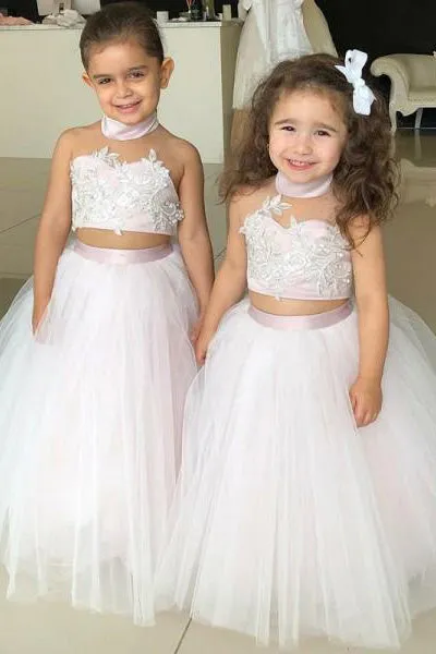 Simple Two Piece Ball Gown Halter Flower Girl Dresses with Appliques OHR005