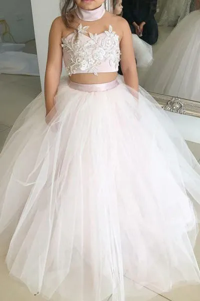 Simple Two Piece Ball Gown Halter Flower Girl Dresses with Appliques OHR005