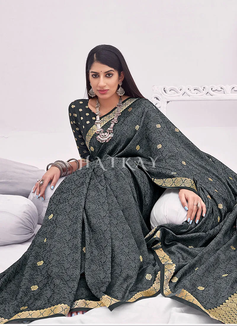 Slate Grey Embellished Banarasi Silk Saree