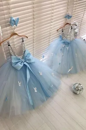 Sleeveless Sequin Backless Tulle Butterfly Applique Flower Girl Dresses OHR032