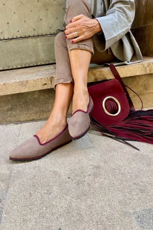 Slippers Terciopelo Beige Ribete Burdeos