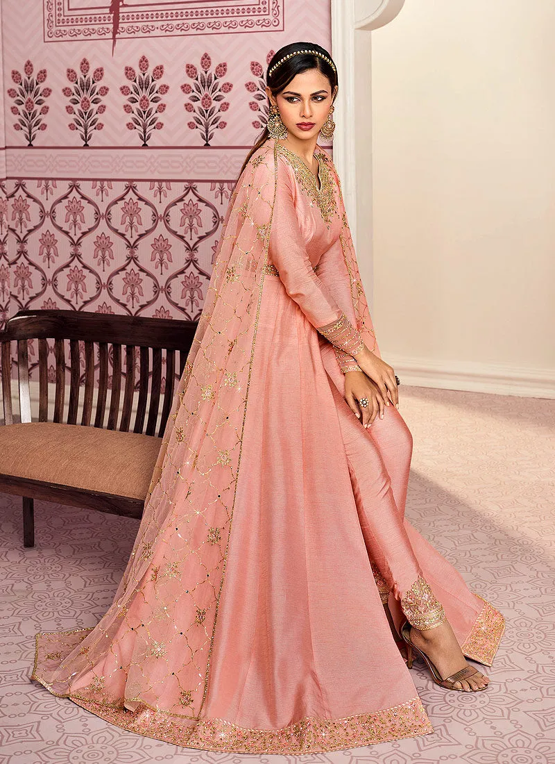 Soft Peach Zari Embroidered Slit Style Anarkali Pant Suit
