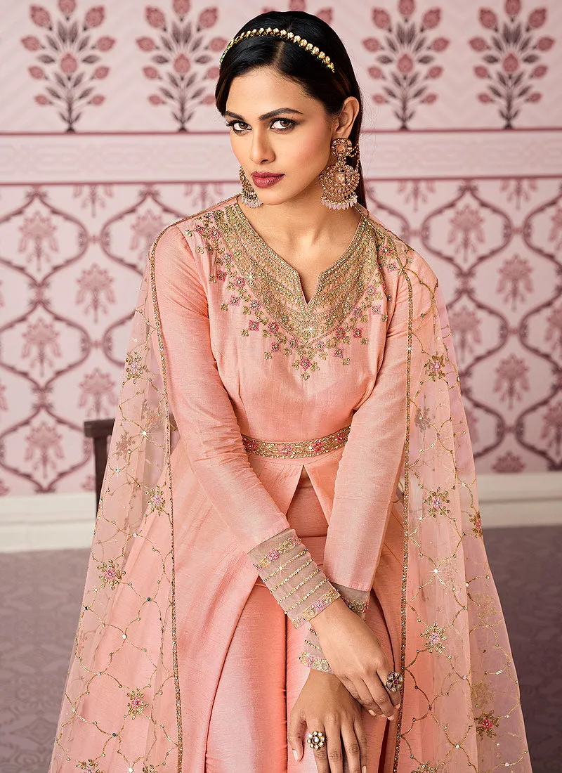 Soft Peach Zari Embroidered Slit Style Anarkali Pant Suit