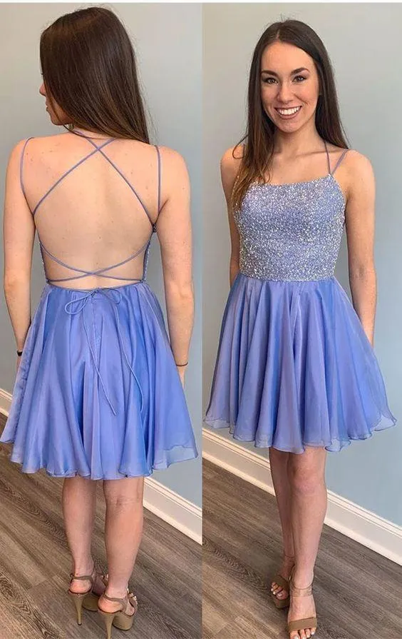 Sparkle Beading A Line Blue Short Homecoming Dress With Thin Straps SNH013