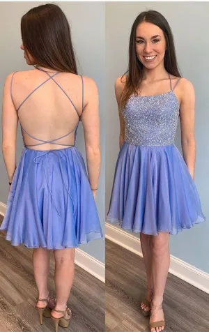 Sparkle Beading A Line Blue Short Homecoming Dress With Thin Straps SNH013